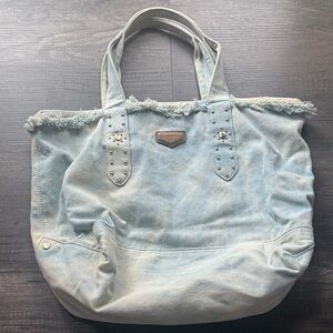 Aimee Kestenberg Large Distressed Denim Tote Studded Fringe Boho Bag